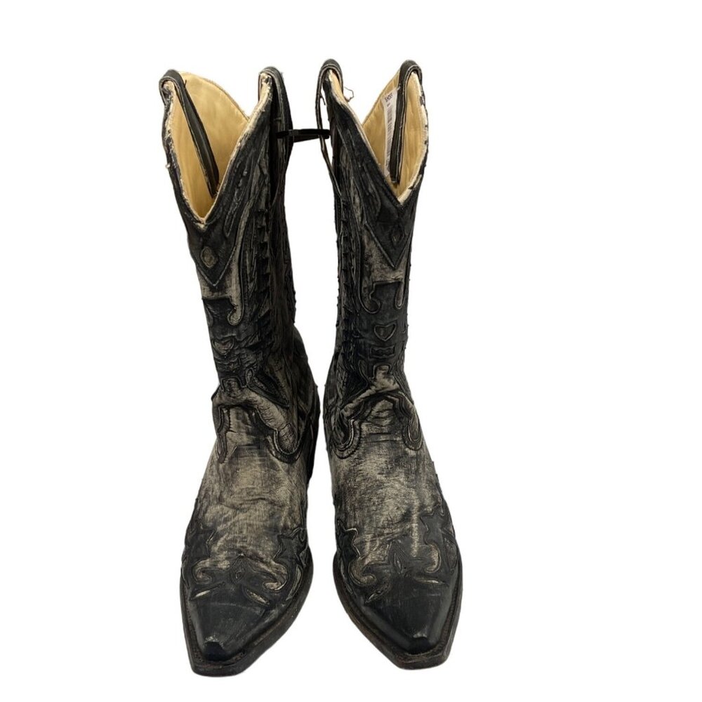 Western Cowboy Leather Rustic Boots Men Black gray faded design 8.5 SKU 1438